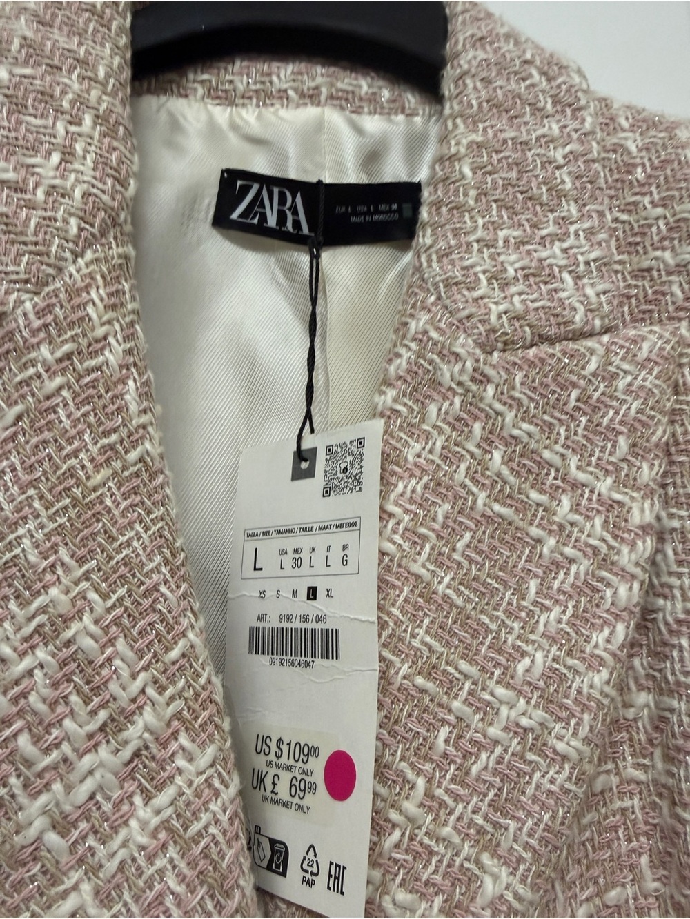 Zara Pink Tweed Double-Breasted Blazer sz L NWT - Picture 3 of 5